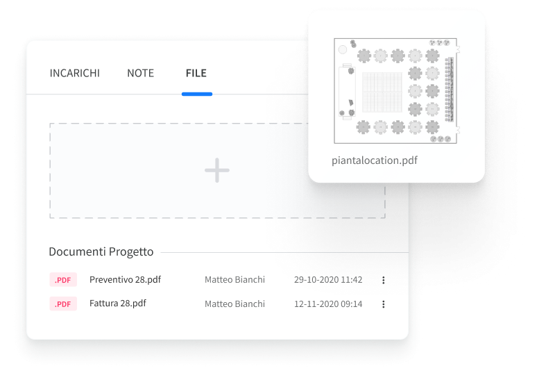 Casella di gestione dei file (piantine, preventivi, immagini del materiale, ecc) in Rentman