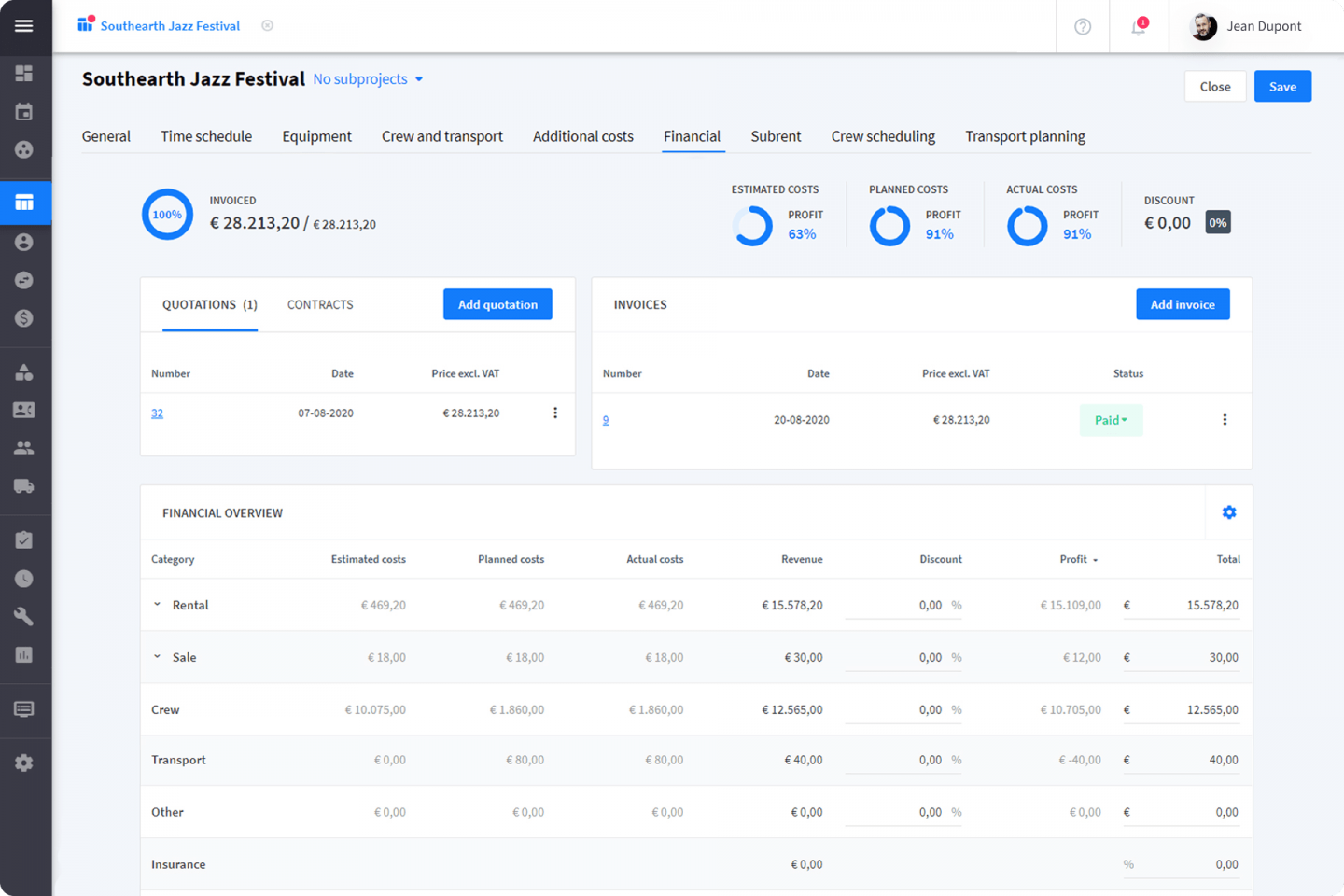 Aperçu des coûts dans un projet Rentman