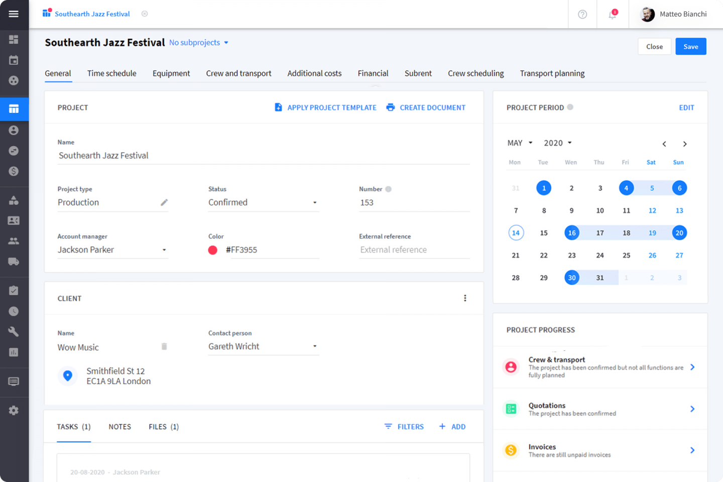 Schermata di impostazione di un nuovo progetto in Rentman